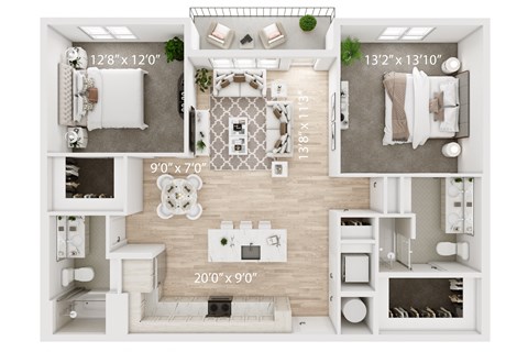 Floor plan for 2 beds, 2 baths, 1207 sqft